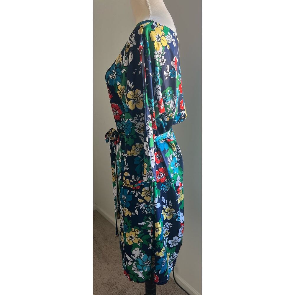 Vibrant Retro Floral Multicolor 3/4 Slit Sleeves Tie Waist MIDI Dress Sz XL - Picture 2 of 8